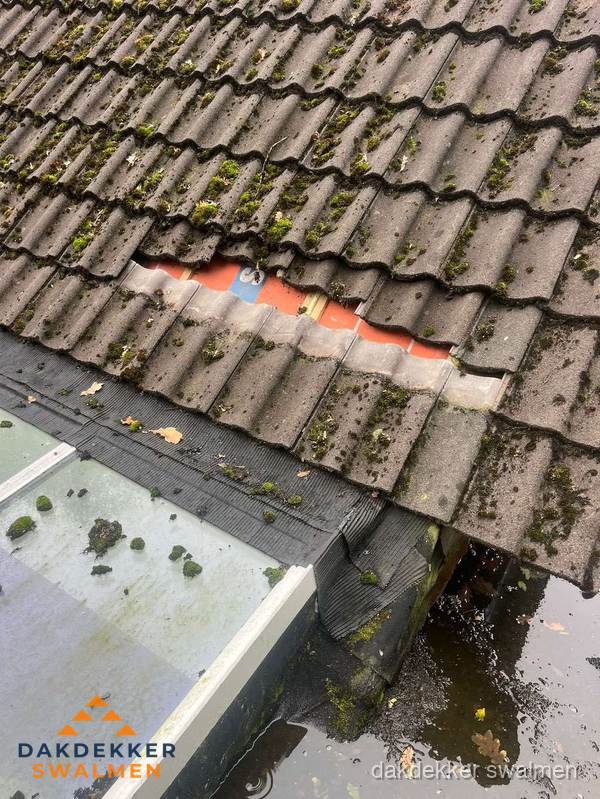 Beschadigd pannendak met ontbrekende dakpannen voor reparatie in Swalmen Beschadigd pannendak met ontbrekende dakpannen voor reparatie in Swalmen