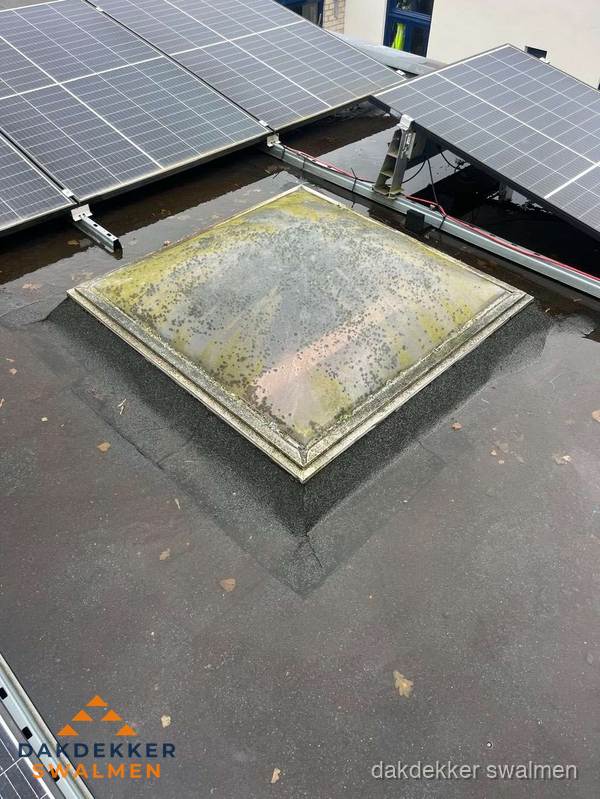 Vervuilde lichtkoepel op plat dak met zonnepanelen in Swalmen Vervuilde lichtkoepel op plat dak met zonnepanelen in Swalmen
